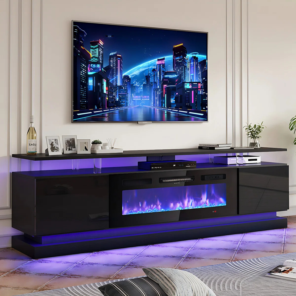 70"Electric Fireplace TV Stand - 12 Flame Colors, Music Sync LED, Adjustable Heat, Fits TVs Up to... | Wayfair North America