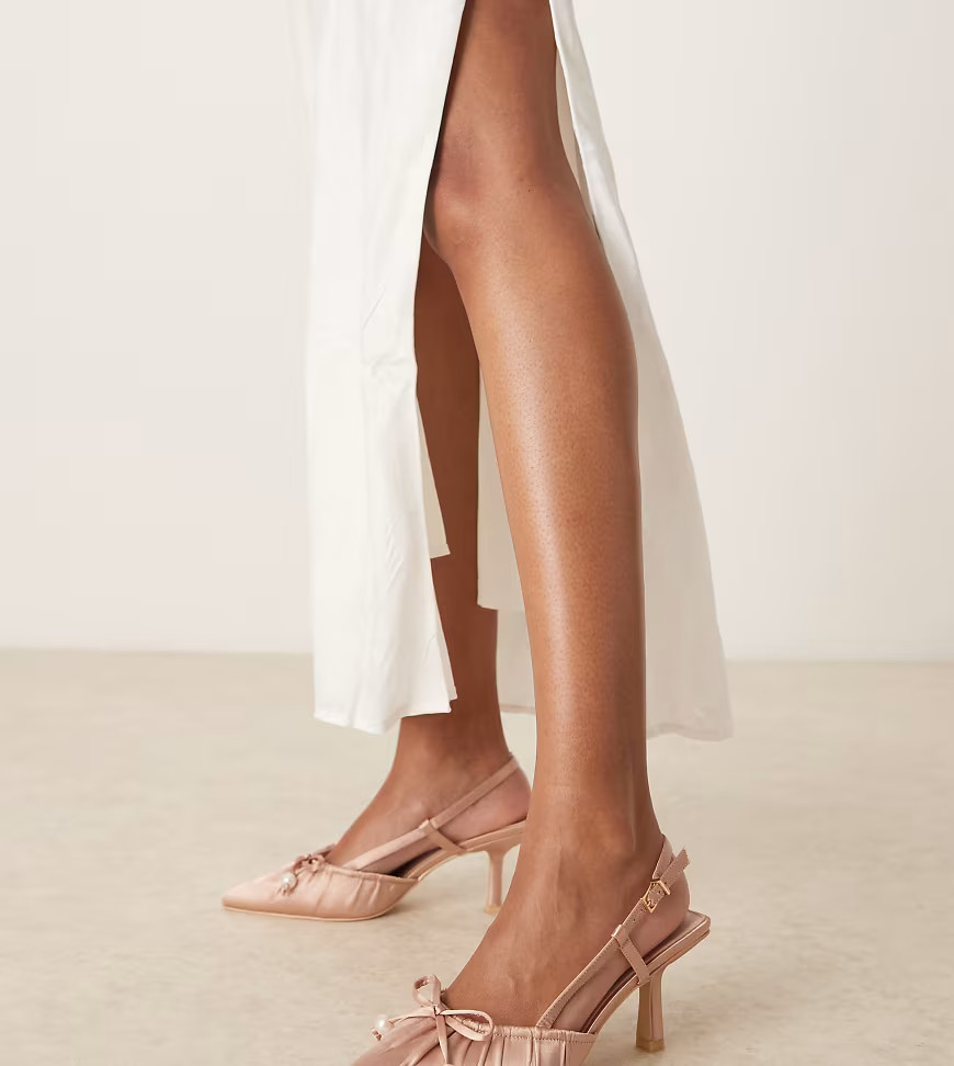 Be Mine Fauna high block heel sandals with bow detail in satin pink | ASOS (Global)