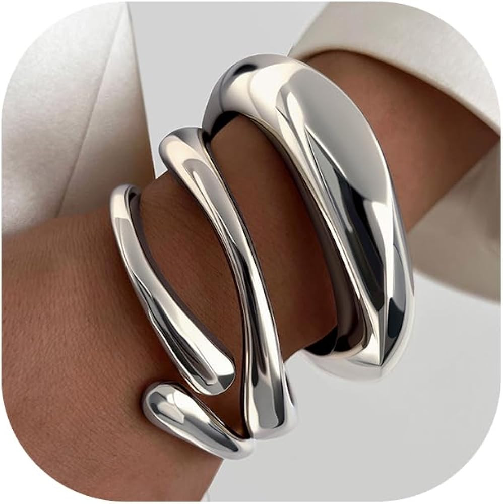 Chunky Gold Bangle Bracelets for Women, Dainty 14k Gold Plated Big Stackable Bangles Set, Trendy ... | Amazon (US)