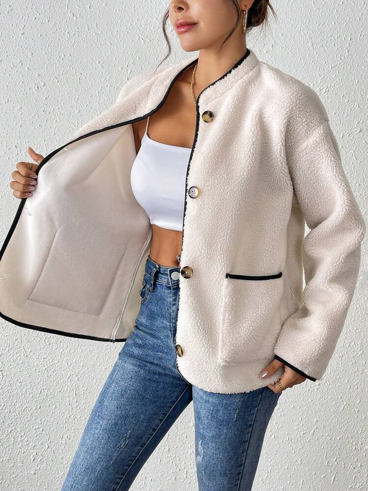 Chiquease Women's Patchwork Sherpa Collar Casual Long Sleeve Jacket, Autumn/Winter Fall Cloth For... | SHEIN