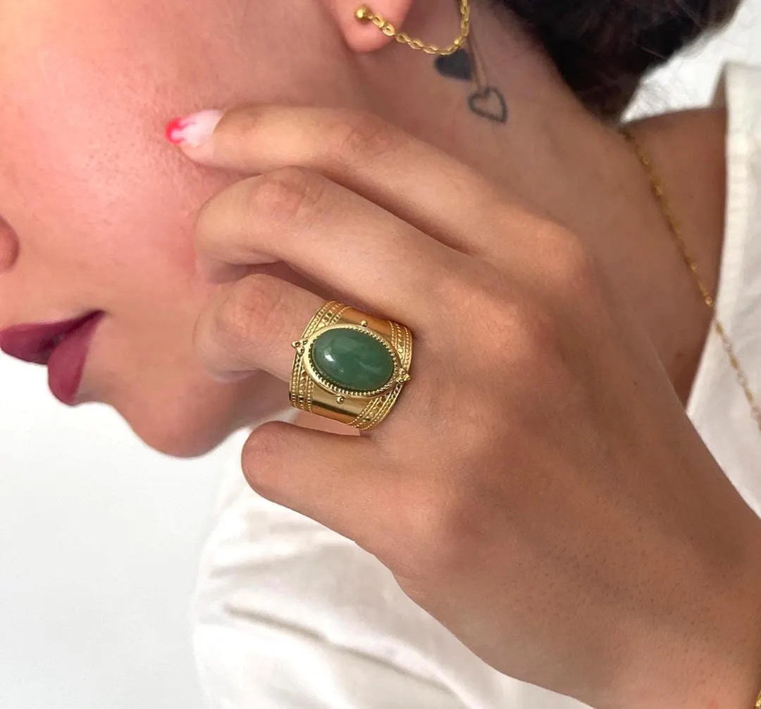 Aventurine Stone Golden Stainless Steel Ring• Boho Style Engraved Wide Band Ring• Oval Facade... | Etsy (US)