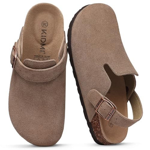 KIDMI Women's Suede Clogs with Back Strap Men's Leather Mules Cork Footbed Slip on Potato Shoes, Mocha 41 | Amazon (US)