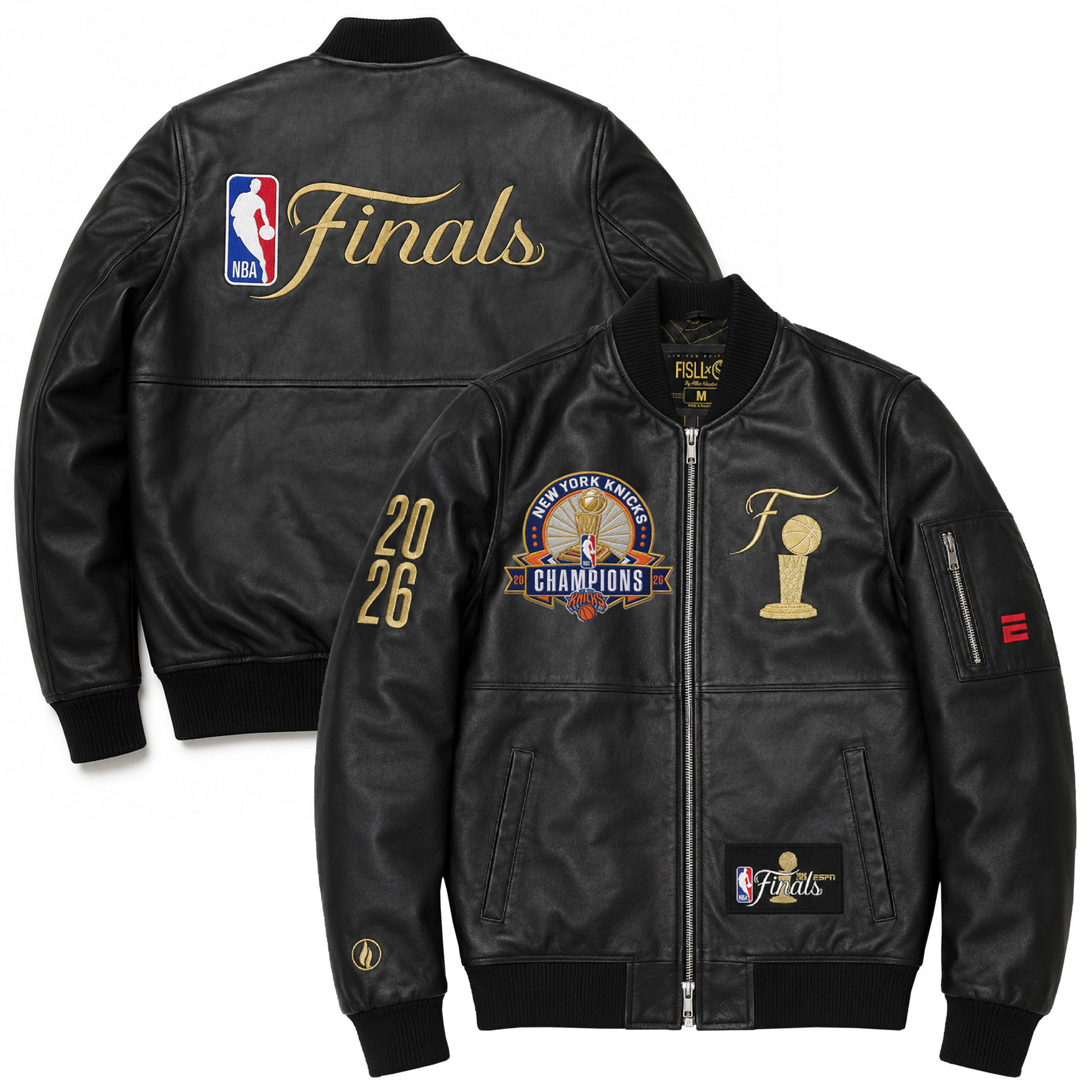 Men's FISLL Black New York Knicks 2026 NBA Finals Champions Team Full-Zip Leather Jacket | Fanatics