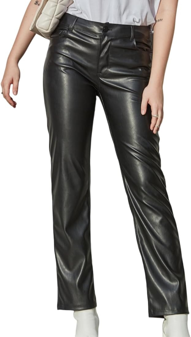 Balleay Art Faux Leather Pants for Women, Straight Leg Mid Waist Butt Lift Elastic Black Pants wi... | Amazon (US)