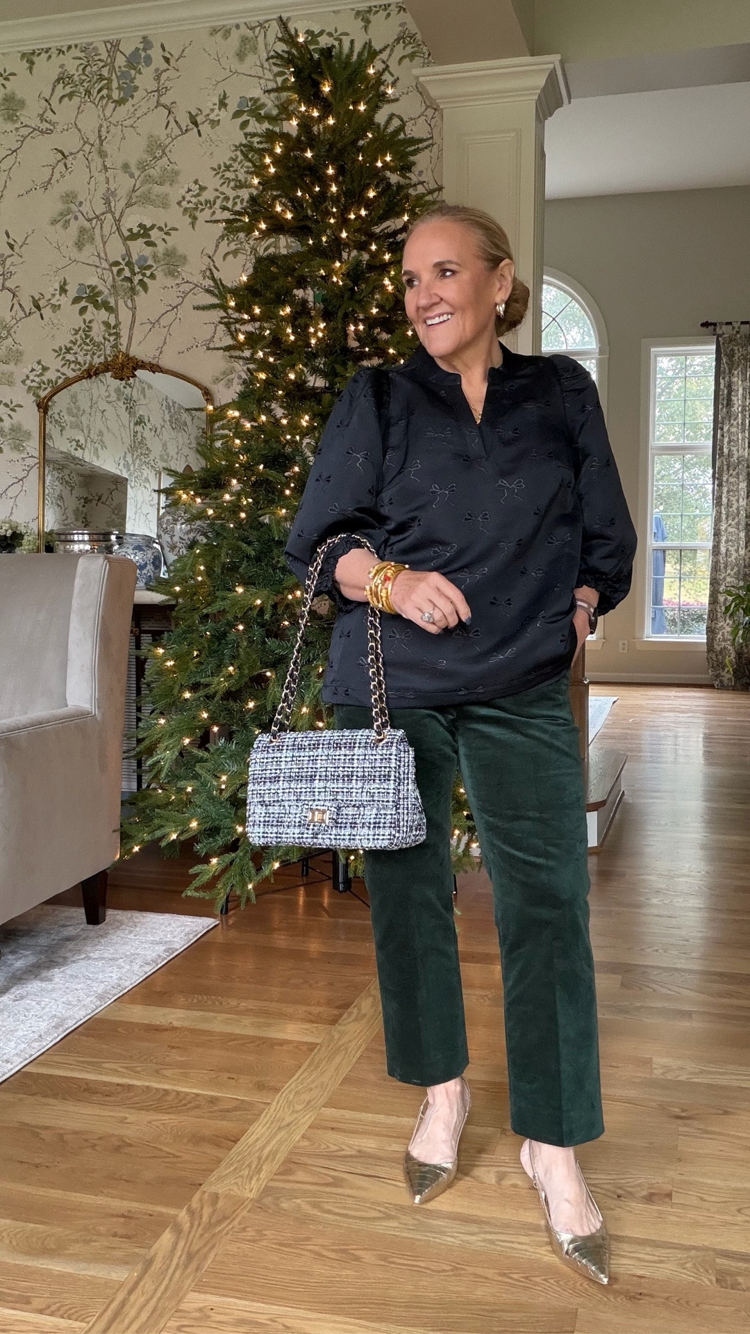 Now blouse size medium 
Green velvet pants size 8 petite 
Gold slingbacks 
Tweed purse linking several similar 

#LTKFindsUnder100 #LTKHoliday #LTKOver40