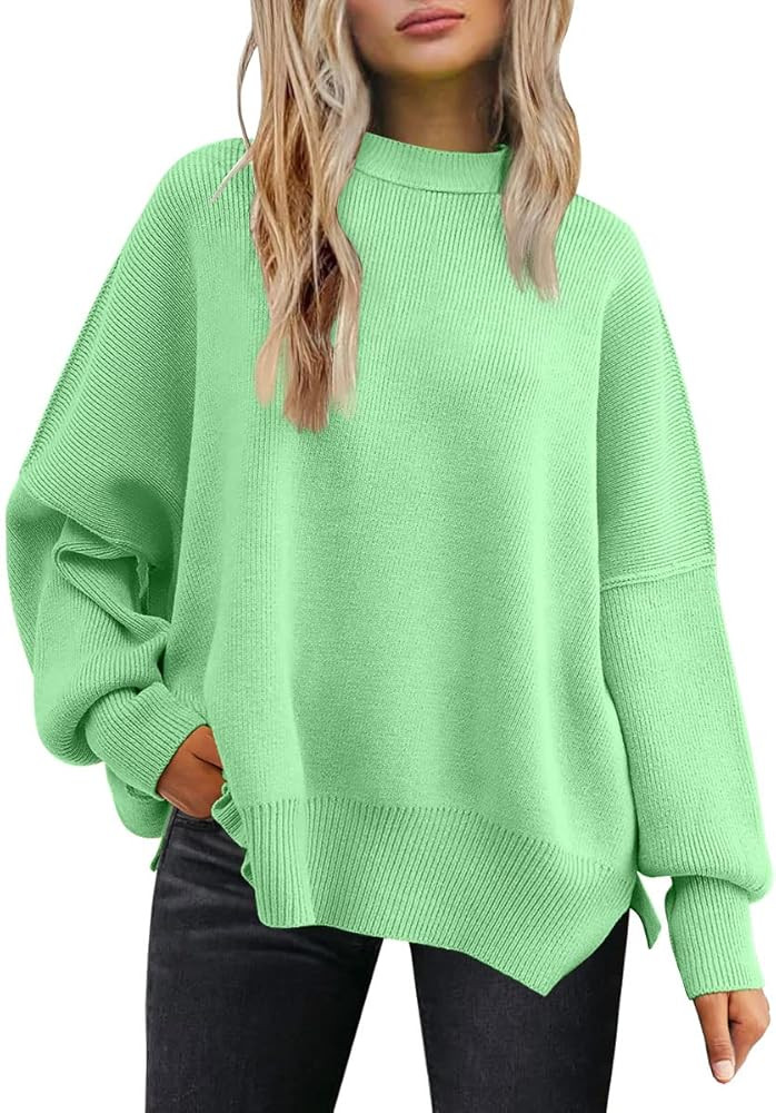 LILLUSORY Women Fall Crewneck Batwing Long Sleeve Sweater Oversized Ribbed Knit Side Slit Pullove... | Amazon (US)