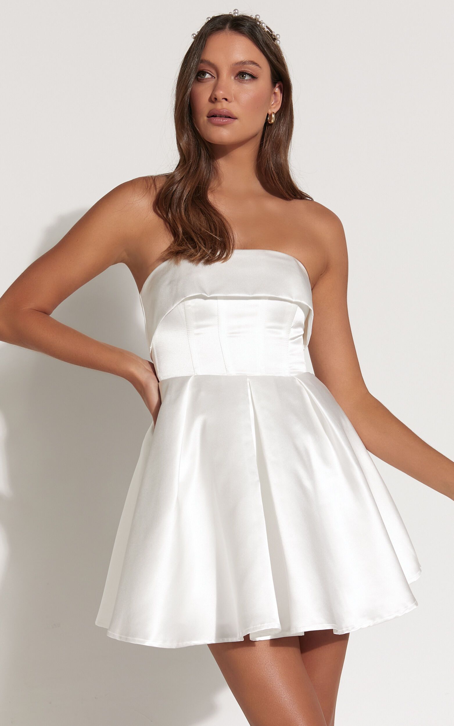 Valora Mini Dress - Strapless Fit and Flare Satin Dress in Ivory | Showpo (ANZ)
