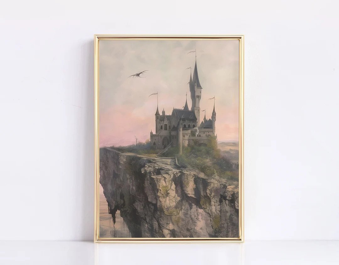 Castle and Dragon Print Vintage Muted Tone Painting Digital Print Neutral Princess Vintage Girl N... | Etsy (US)