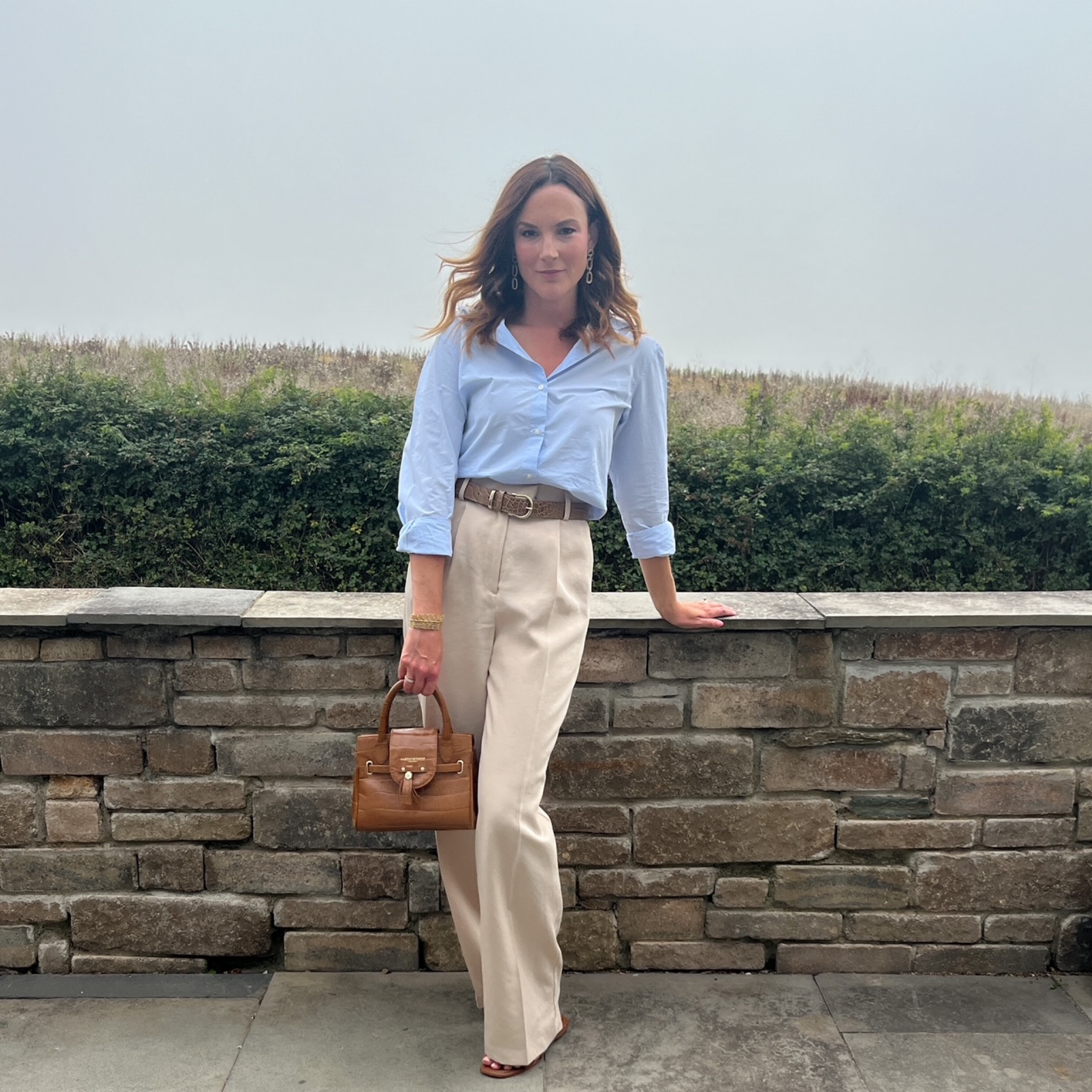 Blue shirt, beige wide leg trousers, brown crocodile belt, brown croc handbag, nude sandals, earrings 

#LTKstyletip #LTKeurope #LTKSeasonal