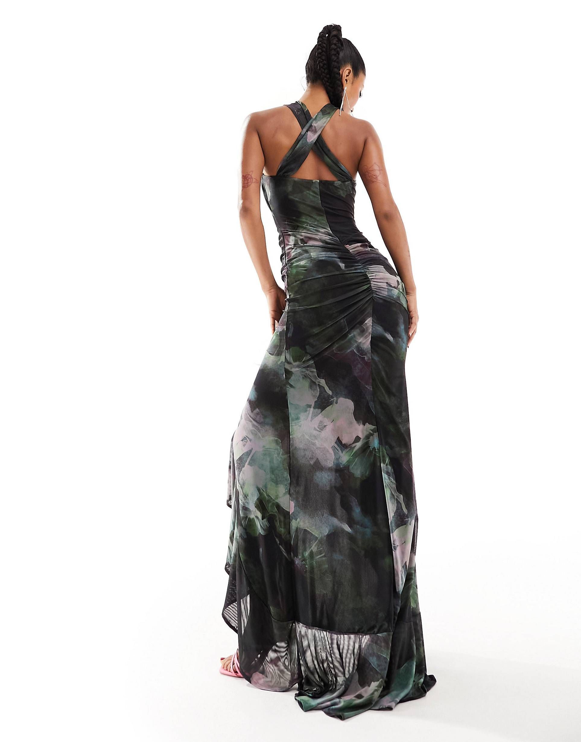 ASOS DESIGN mesh twist halter maxi dress with plunge neck and fishtail hem in dark floral print | ASOS (Global)