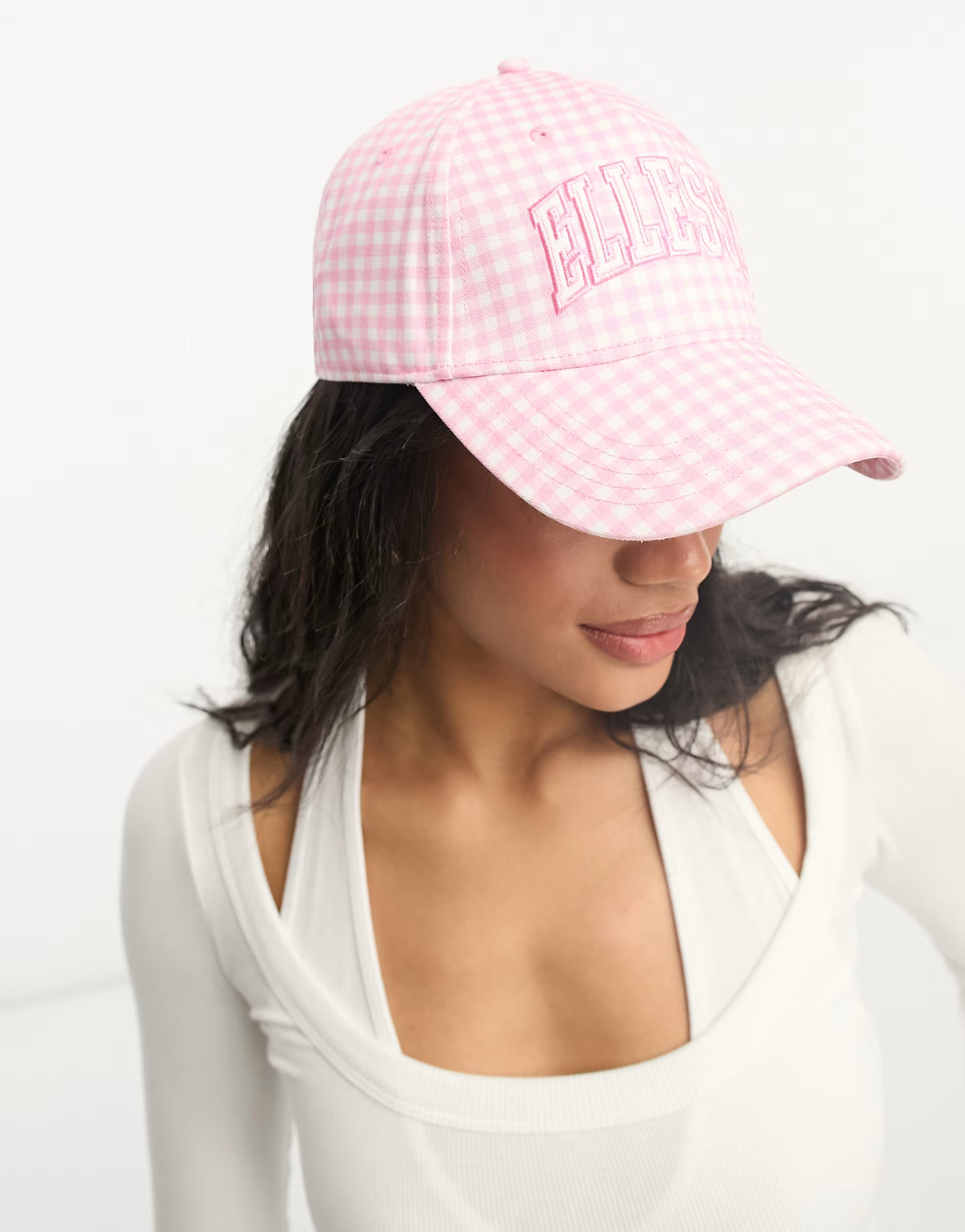 ellesse Camden basbeball cap in pink gingham check | ASOS (Global)