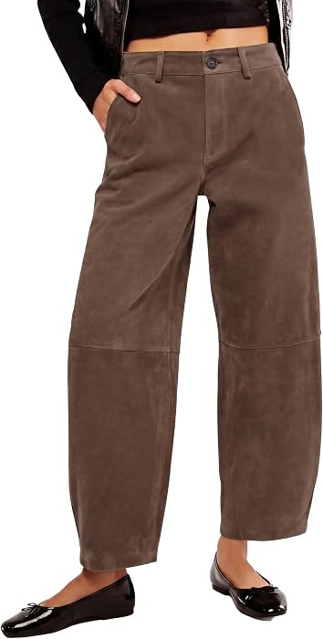 Tankaneo Womens Faux Suede Barrel Pants High Waisted Wide Leg Cropped Pants | Amazon (US)