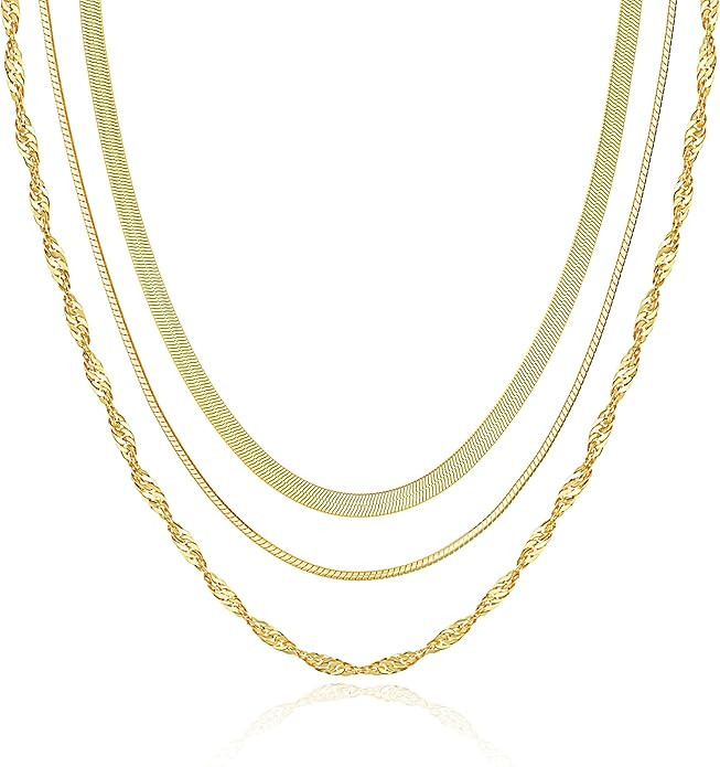 Tewiky Layered Necklaces for Women Non Tarnish- Chunky 14k Gold Plated Herringbone/Snake/Rope/Box... | Amazon (US)