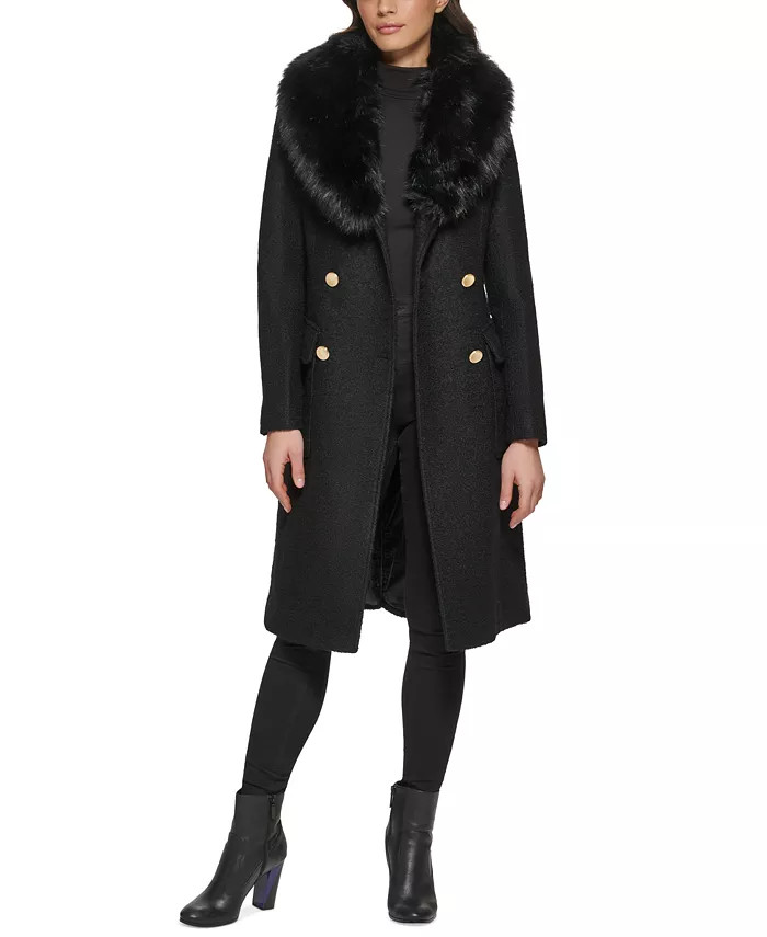GUESS Women's Faux-Fur Collar Double-Breasted Walker Coat - Macy's | Macy's