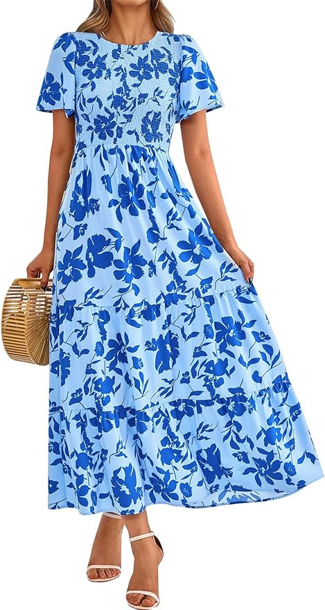 PRETTYGARDEN Women's 2025 Summer Casual Flutter Short Sleeve Boho Floral Maxi Dress Crew Neck Smo... | Amazon (US)