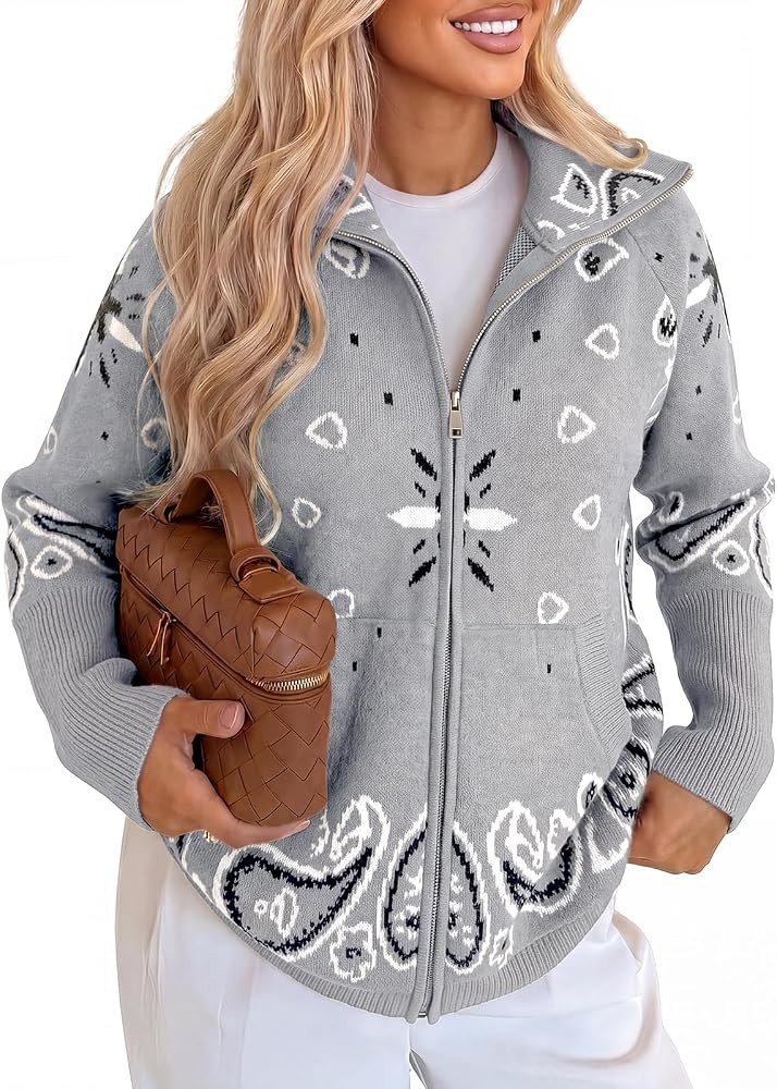 Cicy Bell Women Zip Up Cardigan Sweater Stand Collar Knit Printed Sweater | Amazon (US)