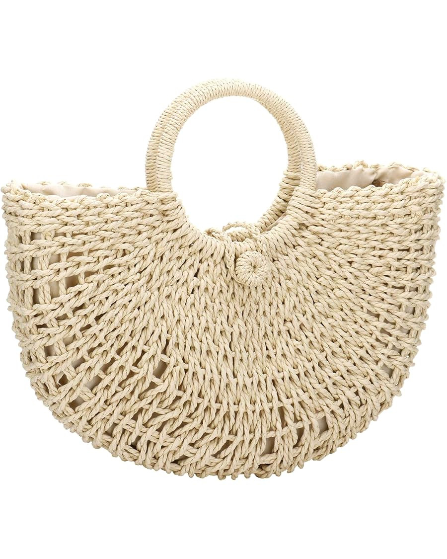 YYW Straw Bags for Women,Hand-woven Straw Top-handle Bag with Round Ring Handle Summer Beach Ratt... | Amazon (US)