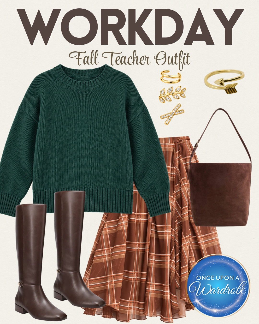 Workday / Teacher Outfit
Fall teacher outfit idea with a deep green sweater, plaid midi skirt, tall brown boots and simple gold accessories. This is such an easy fall work outfit for teachers, office days, church, or anywhere you want something comfortable that still looks put together. I love the rich green and warm plaid together for autumn. 

 #LTKootd #LTKSeasonal #LTKOver40