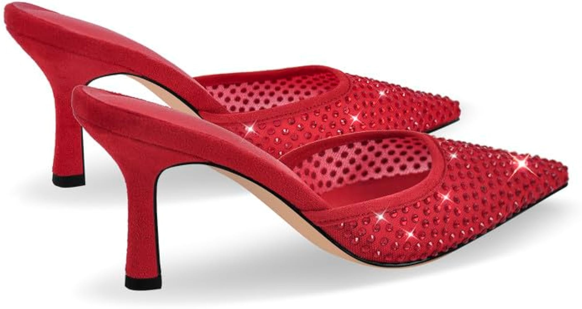 sexytag Rhinestone Mesh Kitten Heels for Women Slip On Mules Pointed Toe Pumps | Amazon (US)