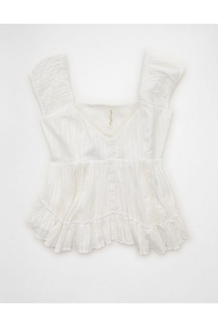 AE Lace Trim Babydoll Blouse Women's Cool White L | American Eagle Outfitters (US & CA)