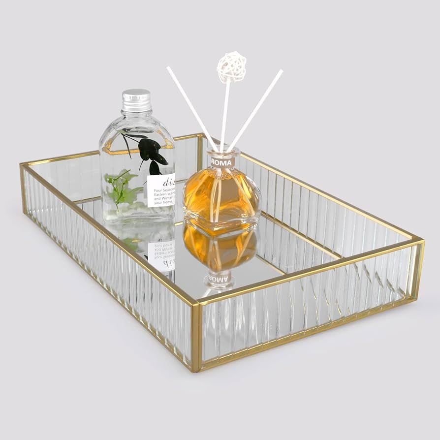 Large Mirror Makeup Vanity Tray 12 x 8 inch,Striped Glass Perfume Cosmetic Organizer,Square Bathroom | Amazon (US)