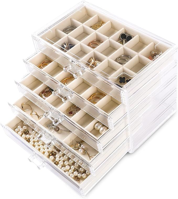 Frebeauty Acrylic Jewelry Organizer,Earring Organizer Box with 5 Drawers Clear Jewelry Box with V... | Amazon (US)