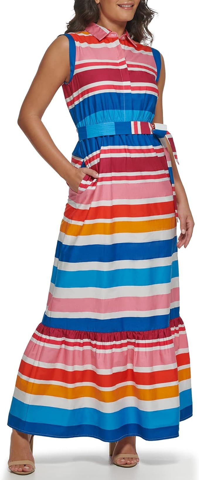 kensie Women's Multi Stirpe Maxi Cotton Waist Tie Contemporary Dress | Amazon (US)