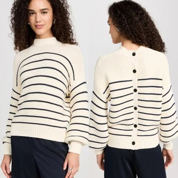 Alex Mill Button-Back Stripe Crewneck Sweater Knit S Cream/Navy Balloon Sleeve | Poshmark