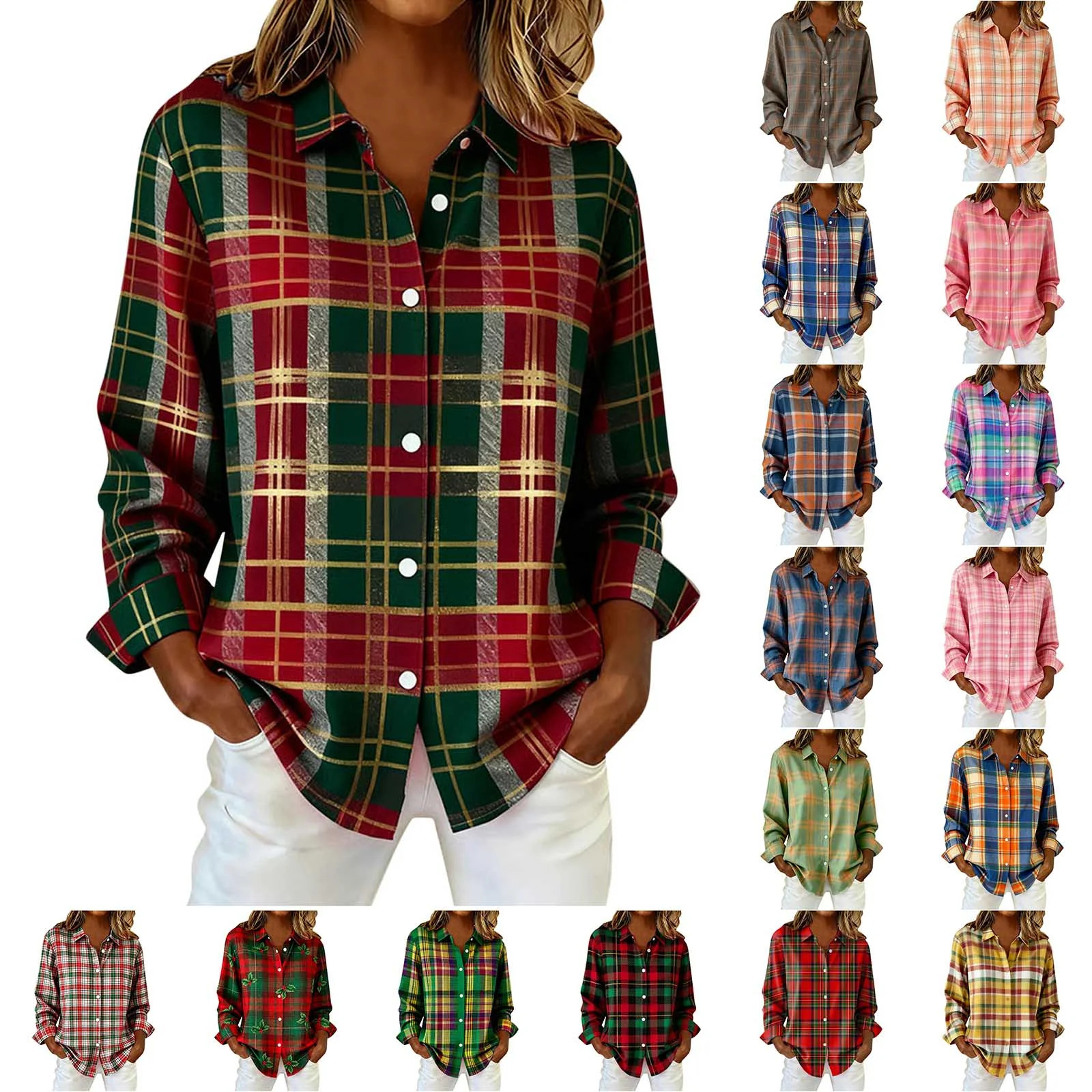 Axiiglly Plaid Shirts for Women Christmas Long Sleeve Button Down Shirts Casual Loose Flannel Shi... | Walmart (US)