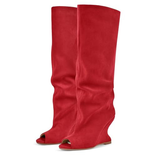 Rhineshell Women's Slouchy High Heels Pull On Wedge Knee High Boots Peep Round Toe Heeled Sandal Boot Faux Suede Solid Color Party Prom Shoes Red Size 9.5 | Amazon (US)