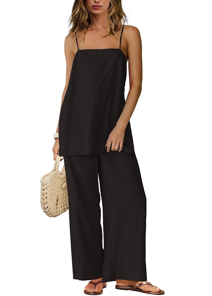 Yanekop Linen Sets for Women 2 Piece Pants Summer Outfits Matching Lounge Sets Spaghetti Strap Ta... | Amazon (US)