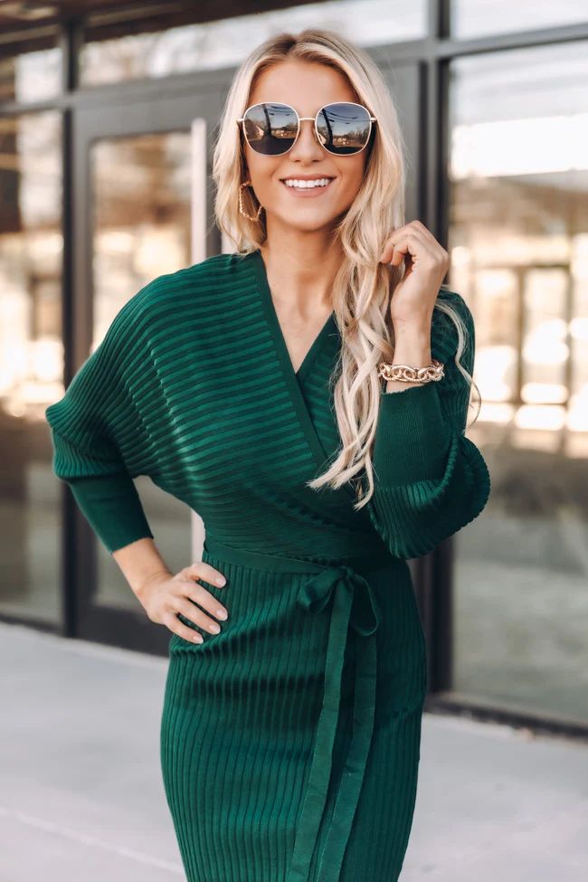 Main Event Green Wrap Sweater Dress | Pink Lily