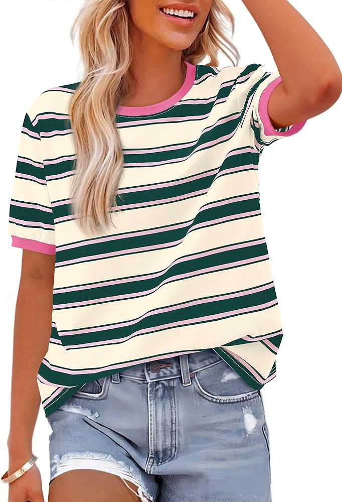 BTFBM Womens Summer Tops 2025 Crewneck Short Sleeve Striped T Shirts Casual Loose Lightweight Col... | Amazon (US)