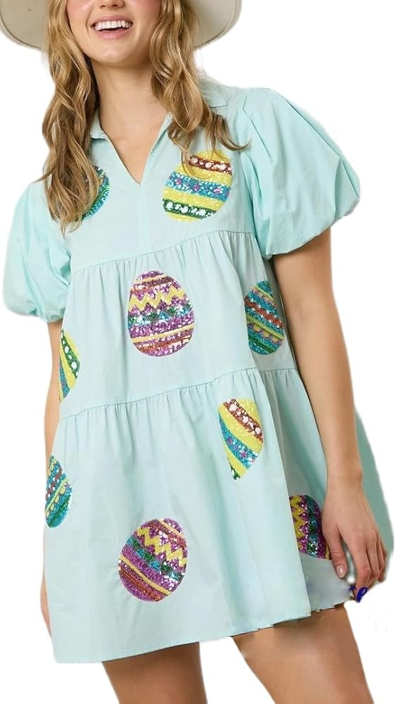 LILTWIST Women Sequin Graphic Holiday Dress Sparkly Puff Sleeve Mini T-Shirt Dress Party Ruffle T... | Amazon (US)