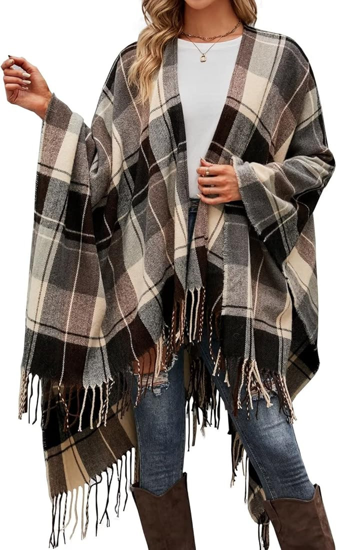 VIMPUNEC Women Boho Buffalo Plaid Poncho Pashmina Shawl Wrap Cape Sweater Knitting Cardigan with ... | Amazon (US)