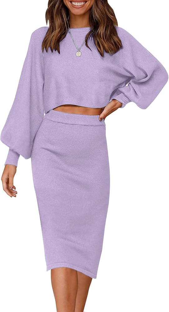 ZOWODO Women's Casual Two Piece Solid Color Ribbed Knit Long Sleeve Tops and Bodycon Midi Skirt S... | Amazon (US)