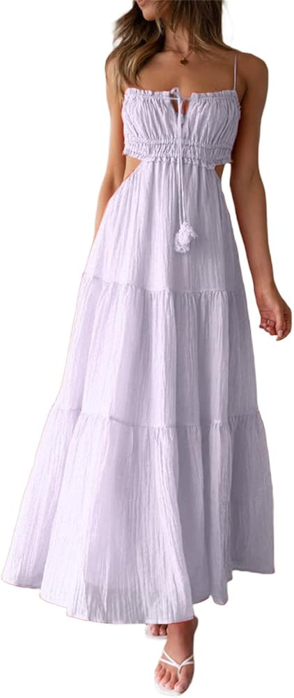 Womens Summer Spaghetti Strap Long Dress Boho Low Cut Dress Backless Bodycon Midi Dress Bohemian ... | Amazon (US)