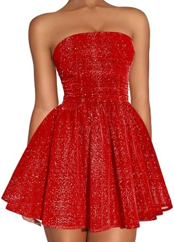 DAAWENXI Women's Sexy Strapless Mini Dress Sequin Ruched Bow Graduation Party Prom Short Dresses | Amazon (US)