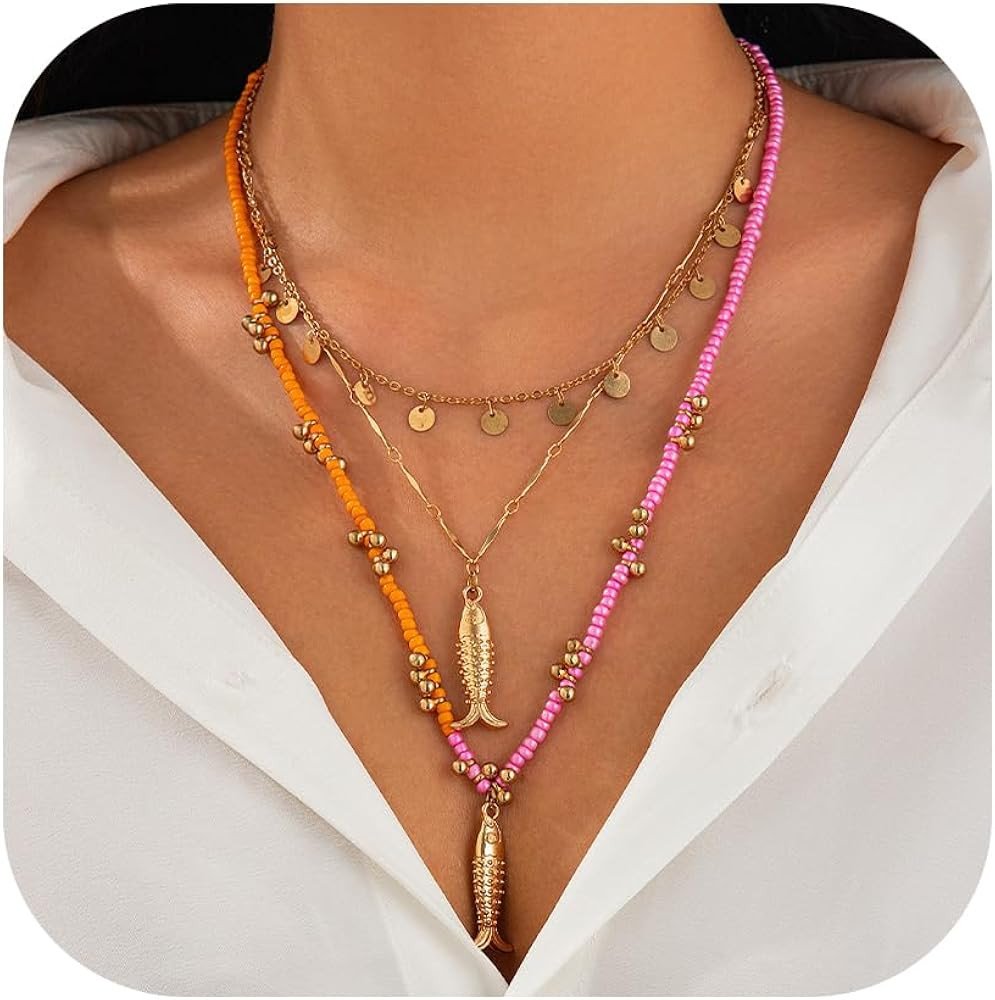 Fish Necklace for Women Handmade Beaded Y Pendant Necklace Colorful Summer Beach Boho Layering Ch... | Amazon (US)