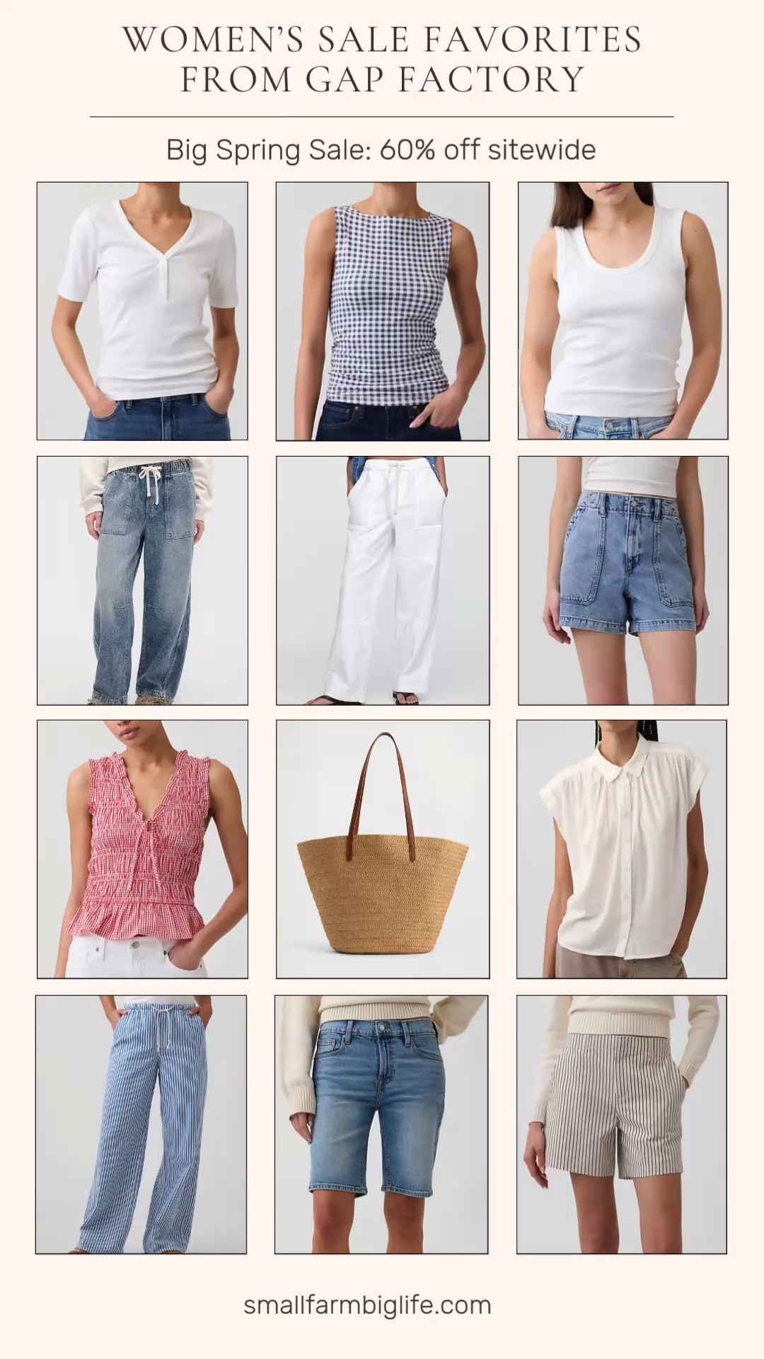 Gap Factory Big Spring Sale is live with 60% off sitewide and there are so many good finds! I picked up several of these pieces and the quality for the price is unbeatable. The wide leg styles, the gingham prints, and that straw tote are all so perfect for spring and summer. Easy, casual, and so wearable. Linking everything below! 

 #LTKootd #LTKOver40 #LTKSaleAlert