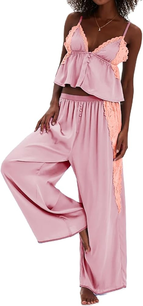 Giraropa Womens Lace Trim Satin Set 2 Piece Ruffle Cami Tops and Wide Leg Pants Lounge Outfits Pj... | Amazon (US)