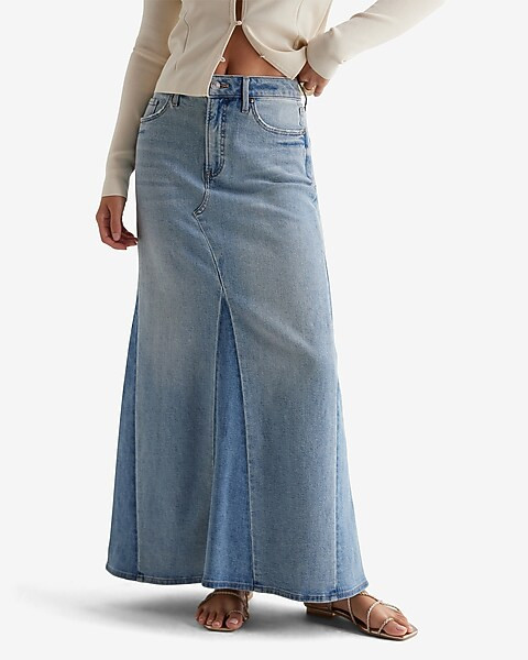 High Waisted Two-Tone Maxi Denim Skirt | Express