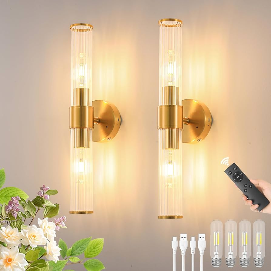 Morauroral Gold Battery Operated Wall Sconces Set of Two, Rechargeable Wall Sconce with Dimmable ... | Amazon (US)