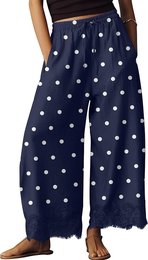 Ziesexy Womens Lace Trim Wide Leg Pants 2026 Summer Cropped Lace-Hem Pants Casual Outfits with Po... | Amazon (US)