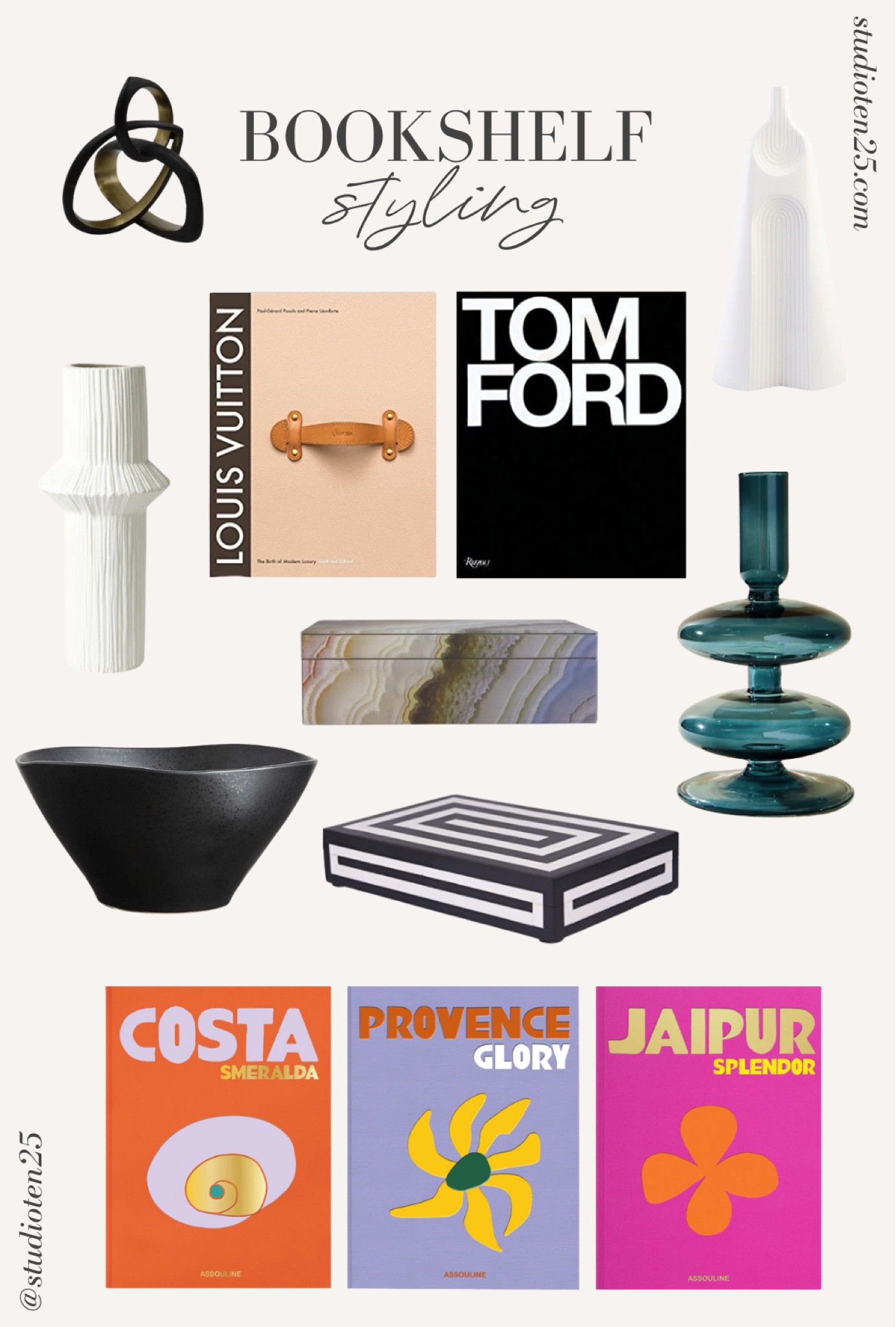 Elevate your bookshelf with some of my favorite colorful accents. 

- Assouline Books
- Tom Ford Books
- White Vases
- Storage Boxes