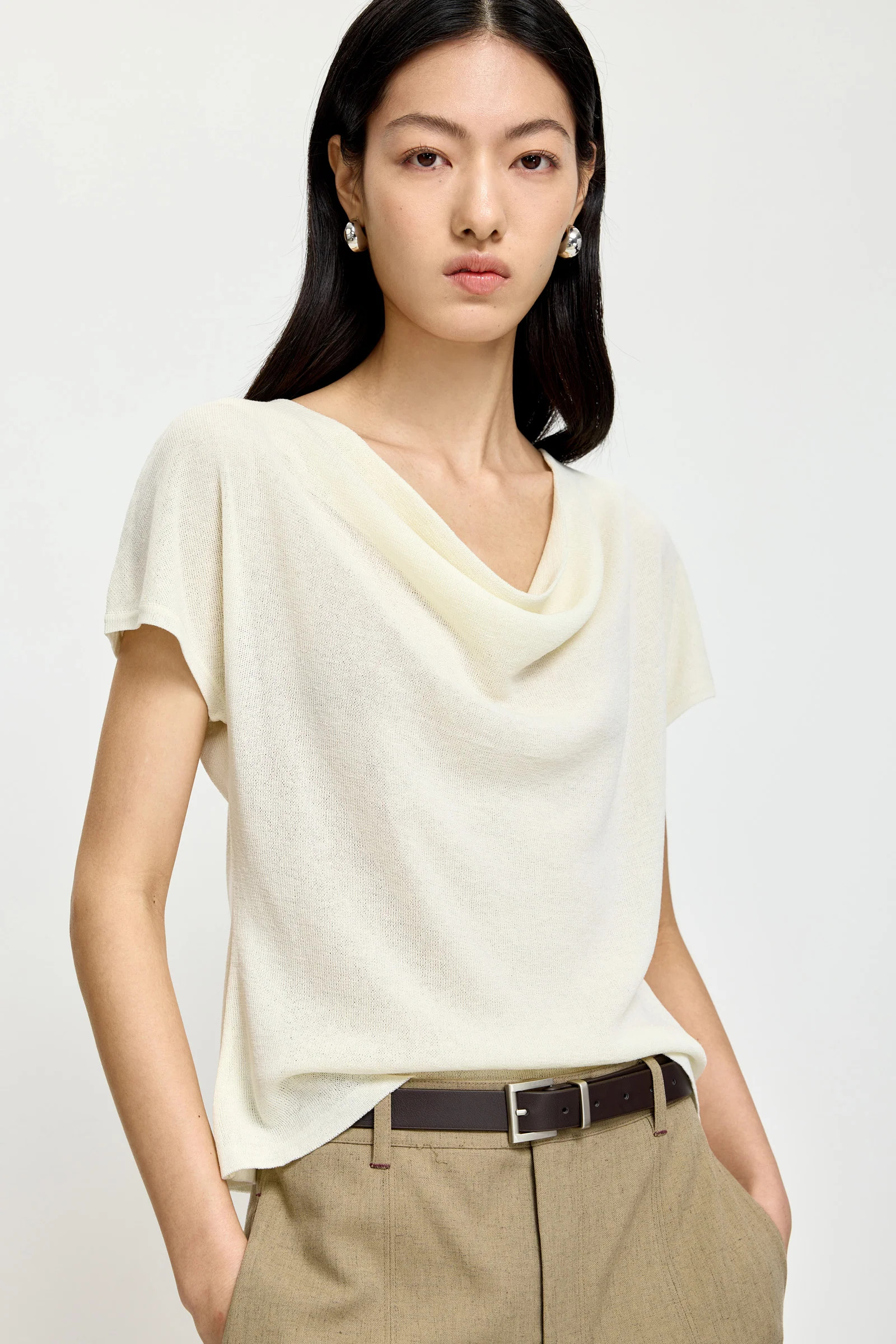 LILY Linen-Blend Draped Collar Knit Top | LILY Studio