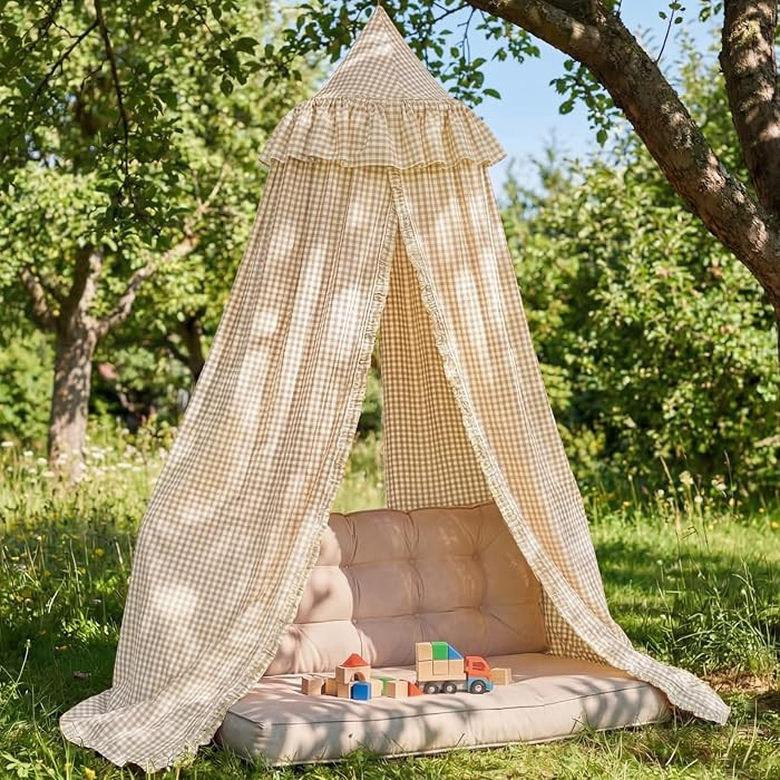 SmoothNovelty Gingham Plaid Bed Canopy with Ruffles, Beige White, Round | Amazon (US)