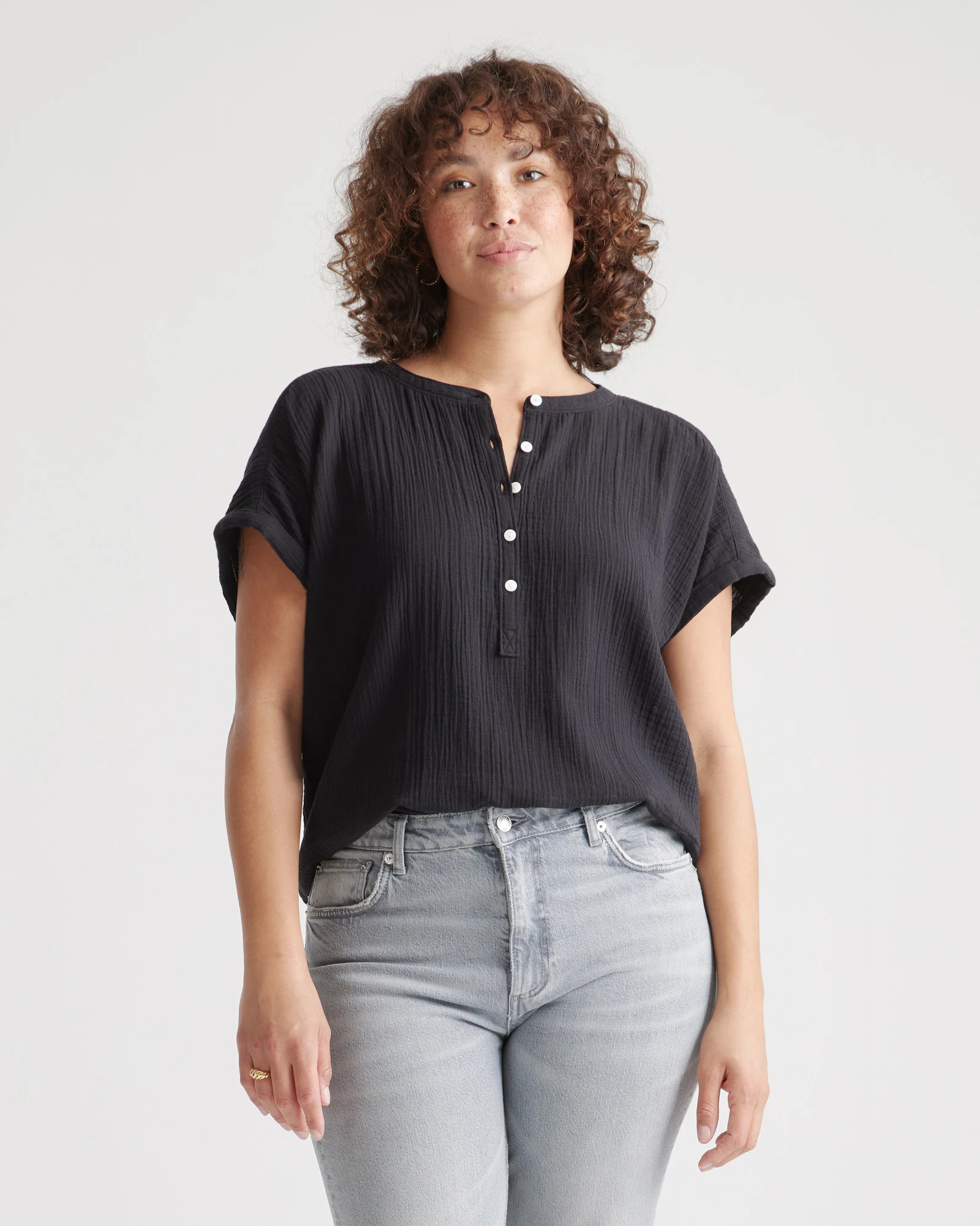100% Organic Cotton Gauze Roll Sleeve Shirt | Quince