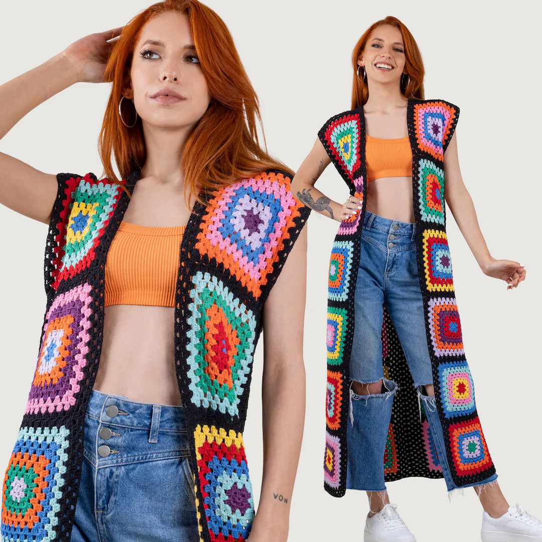 Crochet Granny Square Vest: Long Cotton Patchwork Waistcoat | Etsy (US)