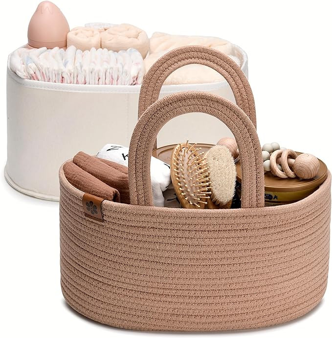 PeraBella 2-in-1 Baby Diaper Caddy Organizer for Changing Table, Cotton Rope Diaper Basket for Bo... | Amazon (US)